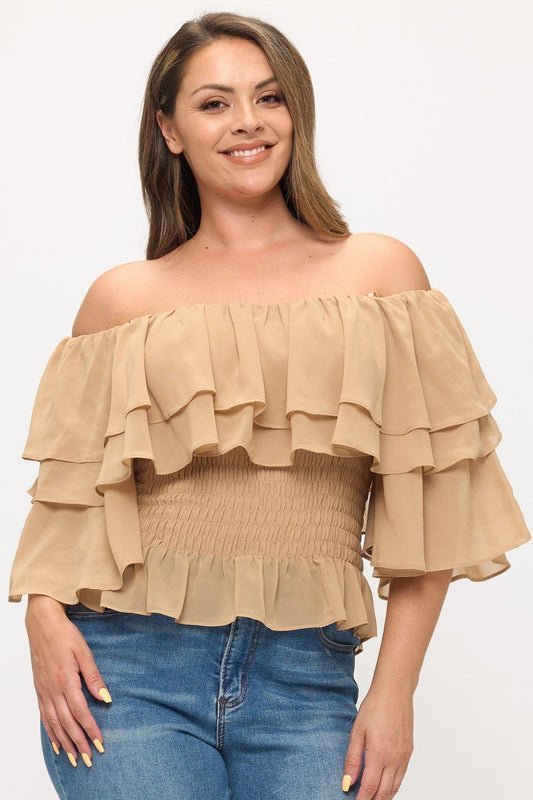Curvy Romance Off - Shoulder Chiffon Top - khaki top for women Vacation Outfits Birthday Dresses Going Out Looks
