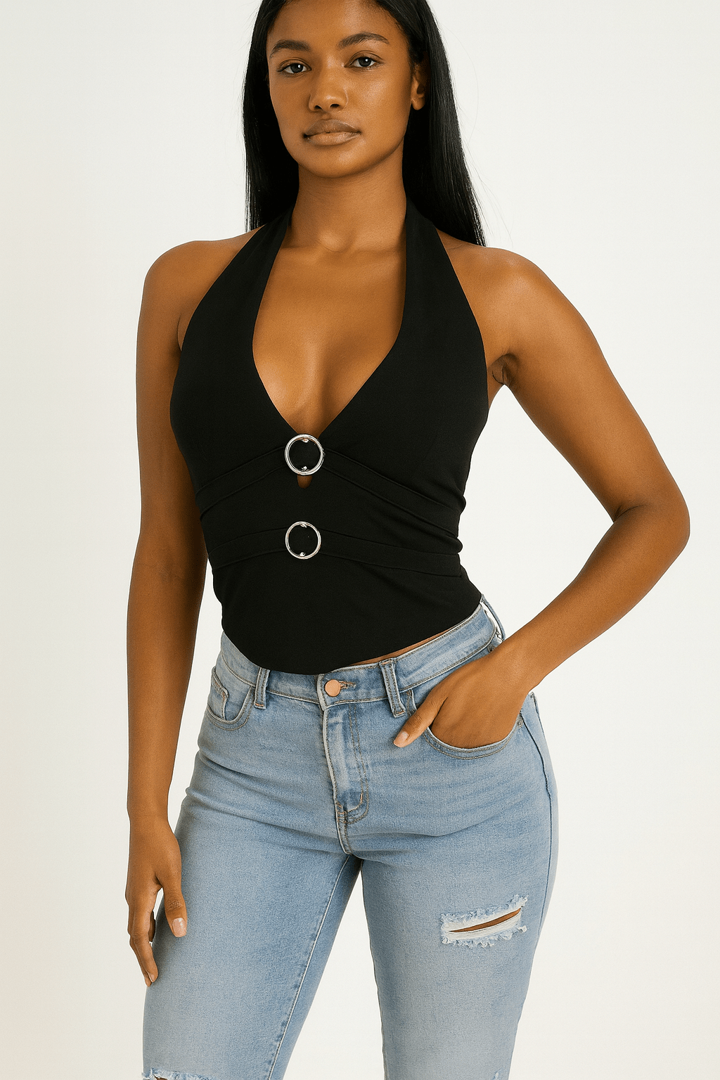 Daniella Black Stretch V Neck Halter Top – Chic & Comfortable Women’s Fashion - Blaire Shops