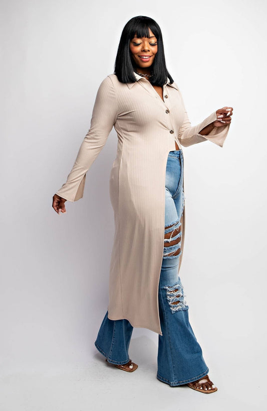 Deliah Plus Size Rib Knit Cardigan With Button Up Front - Taupe SWEATER for women Vacation Outfits Birthday Dresses Going Out Looks