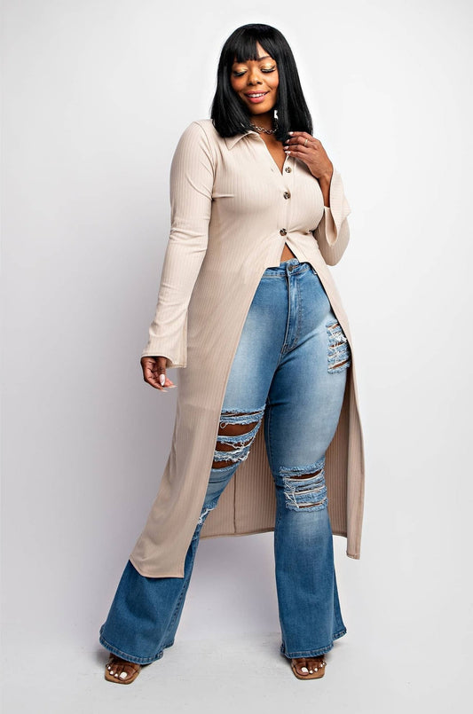 DELIAH PLUS SIZE RIB - KNIT CARDIGAN WITH BUTTON UP FRONT - Blaire Shops