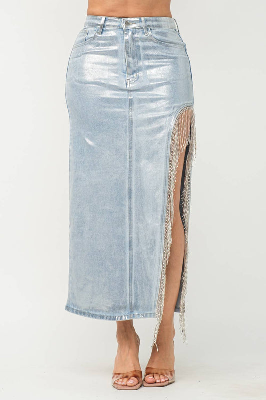 DEMI LUXE Denim Metallic Foil Side Slit Rhinestone Fringe Maxi Skirt - Blaire Shops