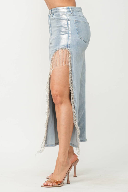 DEMI LUXE Denim Metallic Foil Side Slit Rhinestone Fringe Maxi Skirt - Blaire Shops