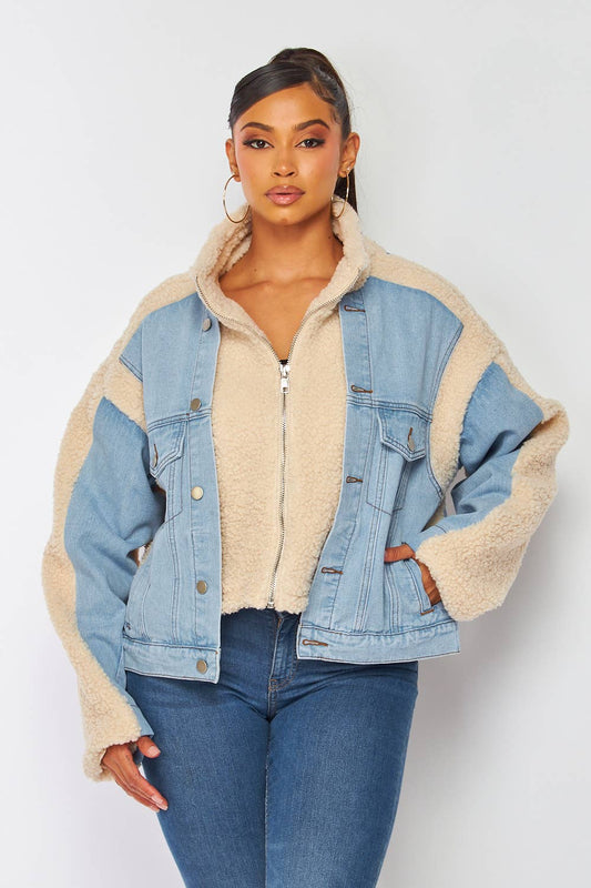 Denim Sherpa Panel Jacket – Cozy Faux Shearling, Relaxed Fit & Classic Style - Blaire Shops