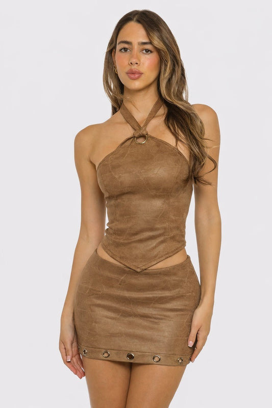 Desert Heat Ring Halter Faux Leather Set - Blaire Shops