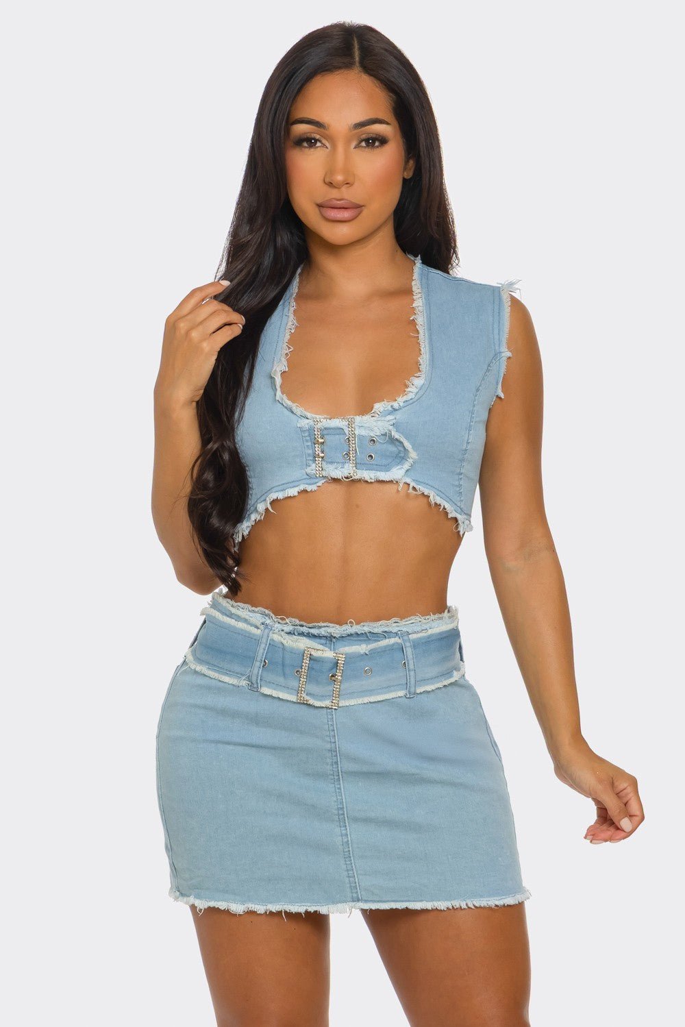 DISTRESSED DENIM BUCKLE CROP TOP & MINI SKIRT SET - Blaire Shops