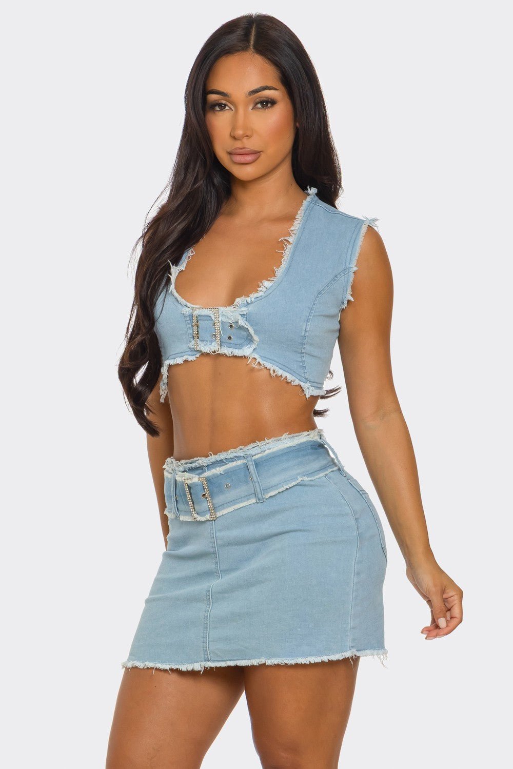 DISTRESSED DENIM BUCKLE CROP TOP & MINI SKIRT SET - Blaire Shops