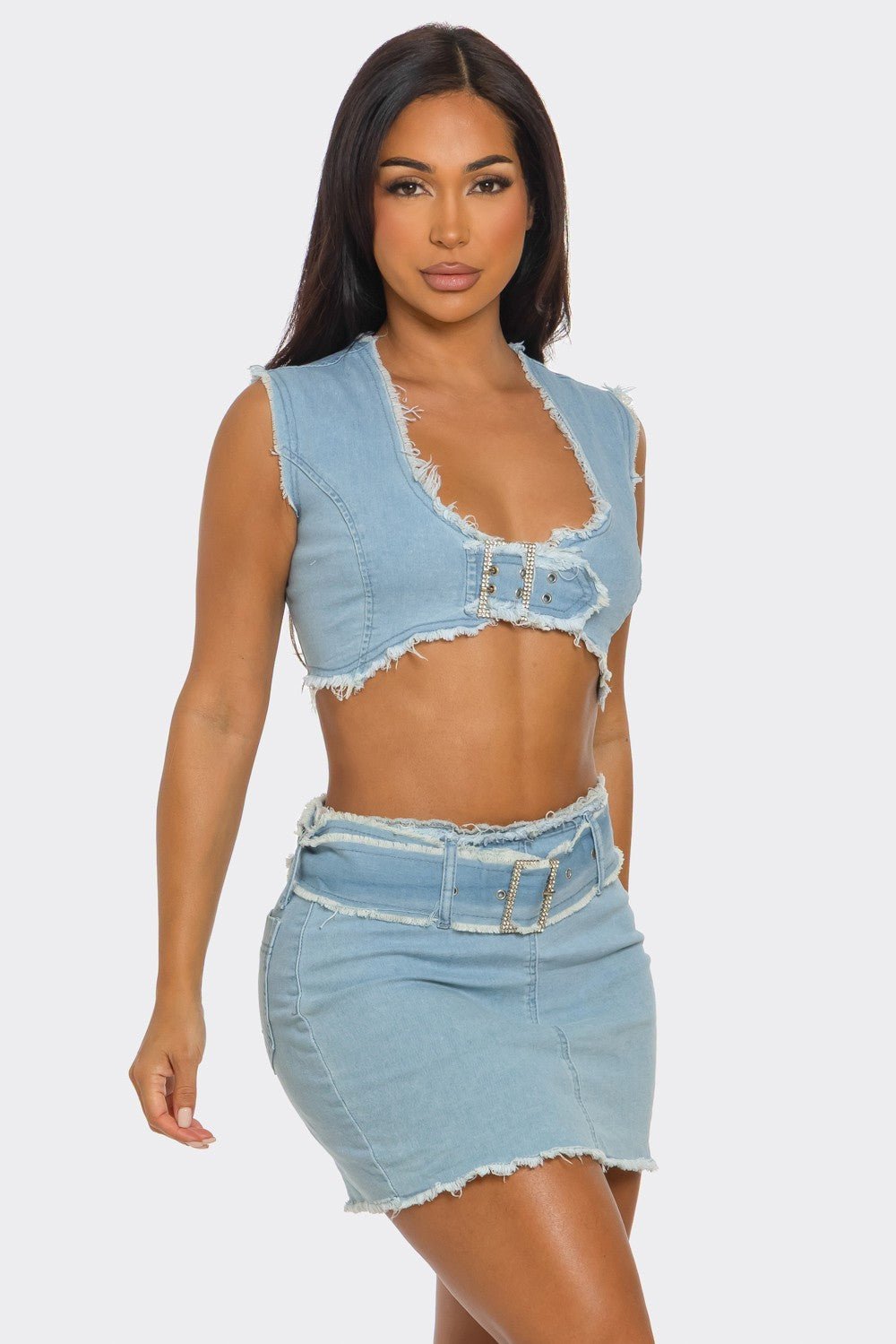 DISTRESSED DENIM BUCKLE CROP TOP & MINI SKIRT SET - Blaire Shops