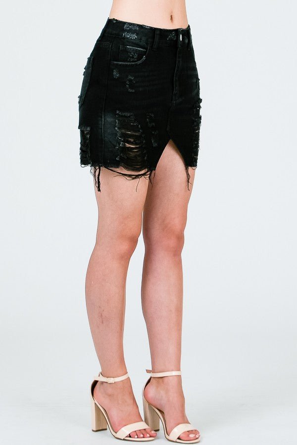 DISTRESSED MINI SKIRT W/ TRIANGLE CUTOUT - Blaire Shops