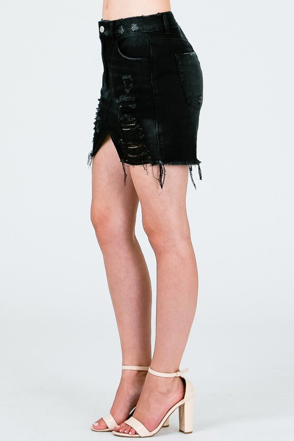 DISTRESSED MINI SKIRT W/ TRIANGLE CUTOUT - Blaire Shops