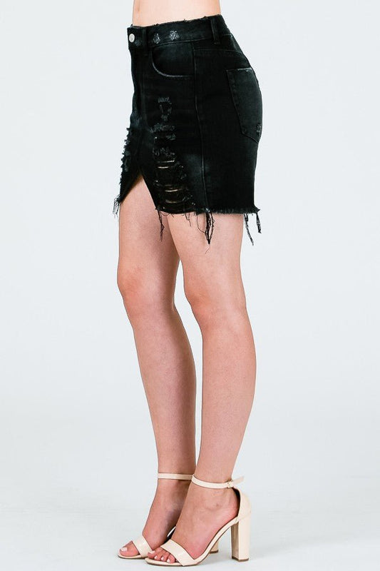 DISTRESSED MINI SKIRT W/ TRIANGLE CUTOUT - Blaire Shops
