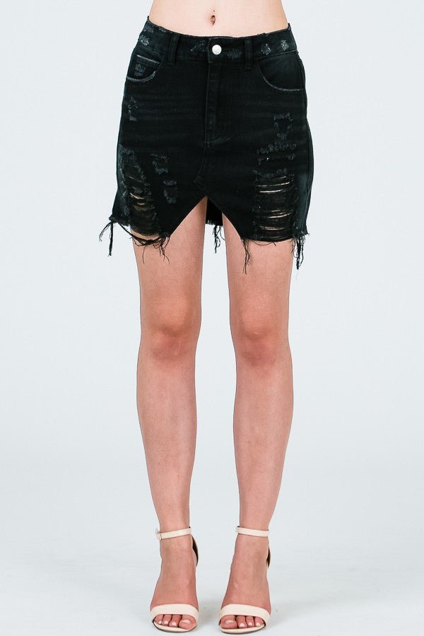 DISTRESSED MINI SKIRT W/ TRIANGLE CUTOUT - Blaire Shops