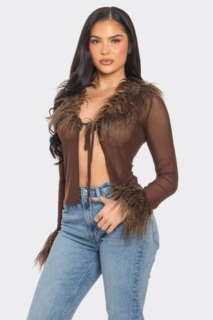 DIVA MESH LONG SLEEVE TOP WITH FUR COLLAR AND SLEEVES - Blaire Shops