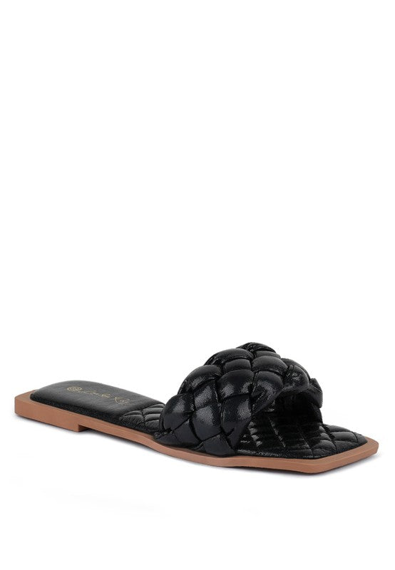 MARCUE PATENT PU QUILTED SLIDES IN WOVEN STRAPS