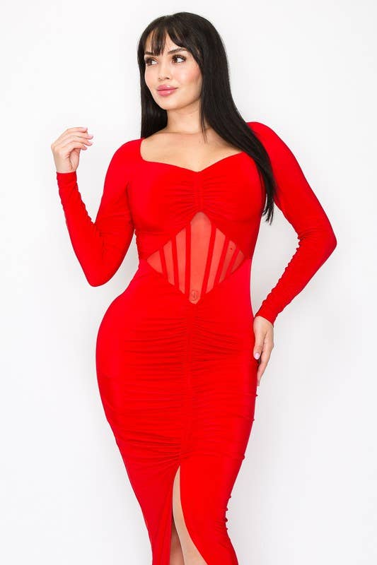 Maribella Ruched Long Sleeve Mesh Detail Dress