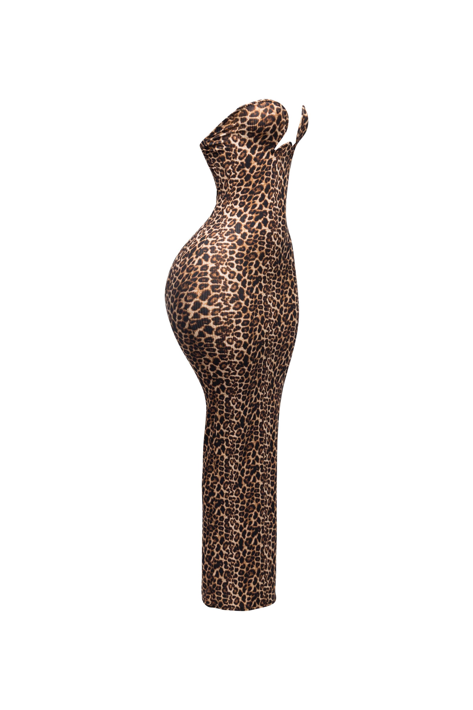 a brown and black animal print maxi dress on a white background