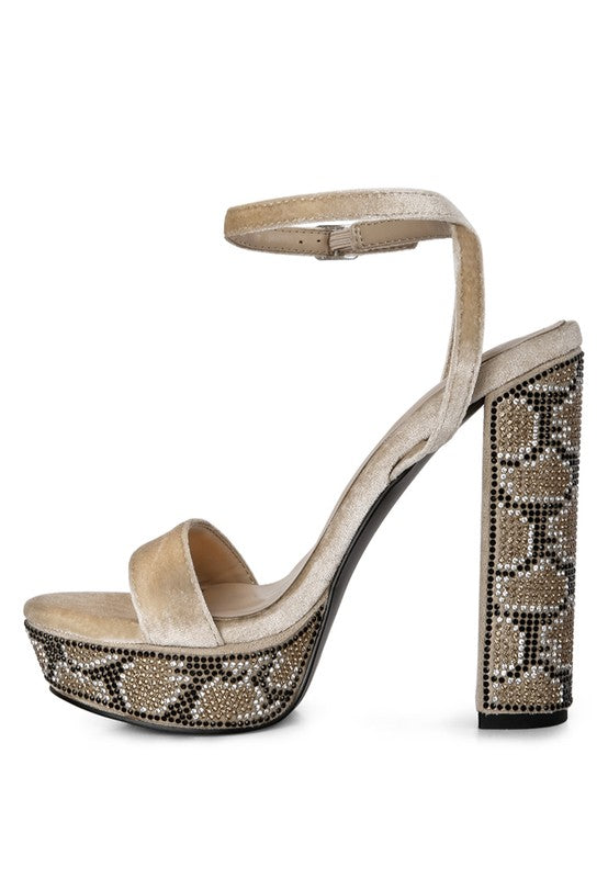 ZIRCON Diamante Studded High Block Heel Sandals