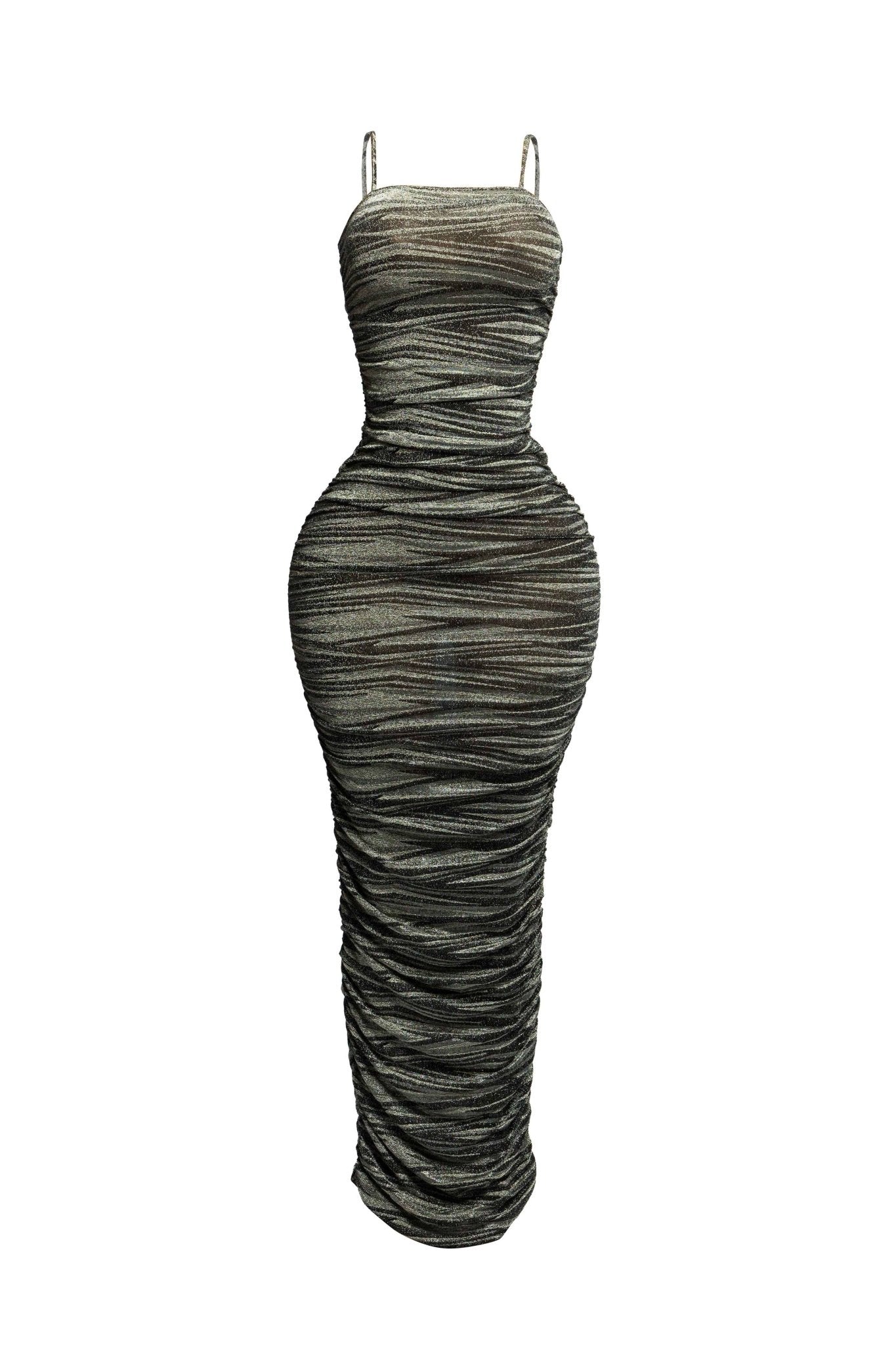 Elegant Metallic Maxi Dress with All - Over Ruched Design and Adjustable Straps for Stunning Appeal - Blaire Shops