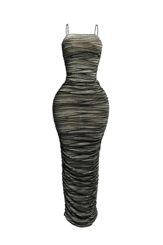 Elegant Metallic Maxi Dress with All - Over Ruched Design and Adjustable Straps for Stunning Appeal - Blaire Shops