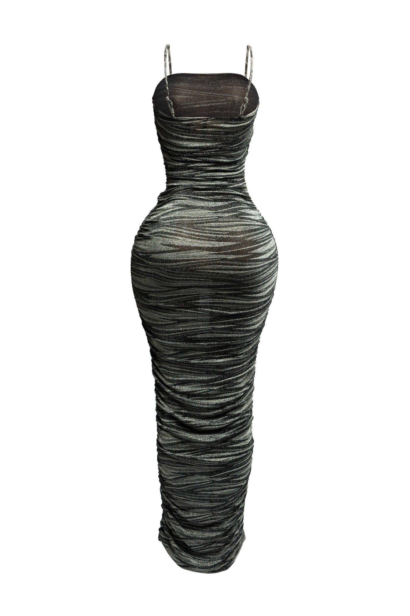 Elegant Metallic Maxi Dress with All - Over Ruched Design and Adjustable Straps for Stunning Appeal - Blaire Shops