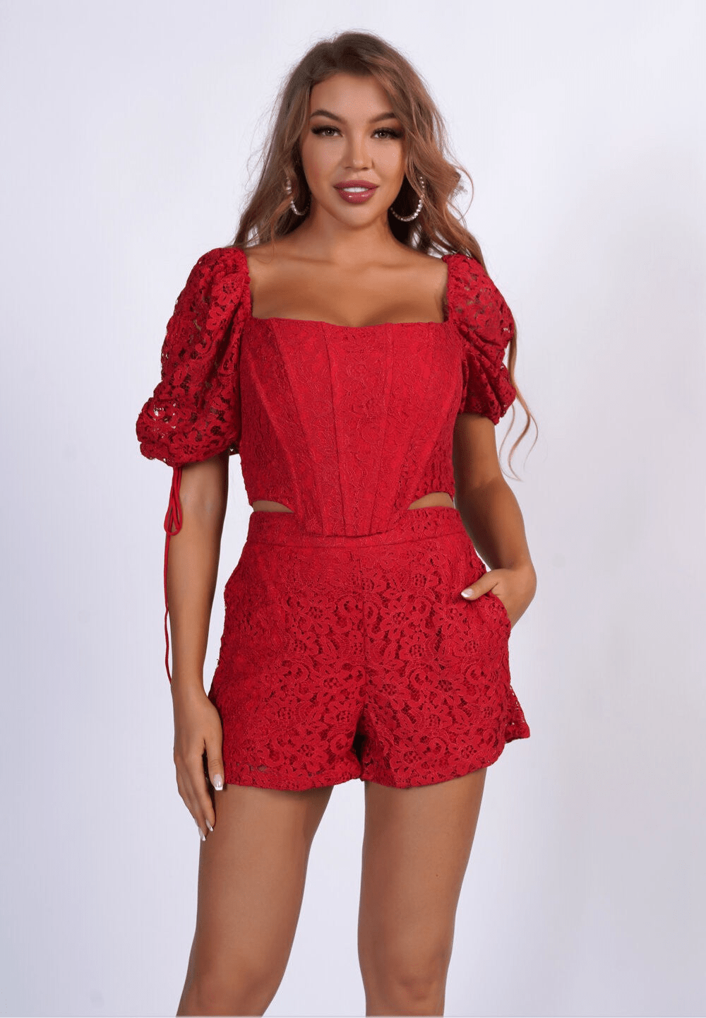 Elegant Miami Lace Short Set With Ruffle Short Sleeves & V - Neckline Detail - Blaire Shops