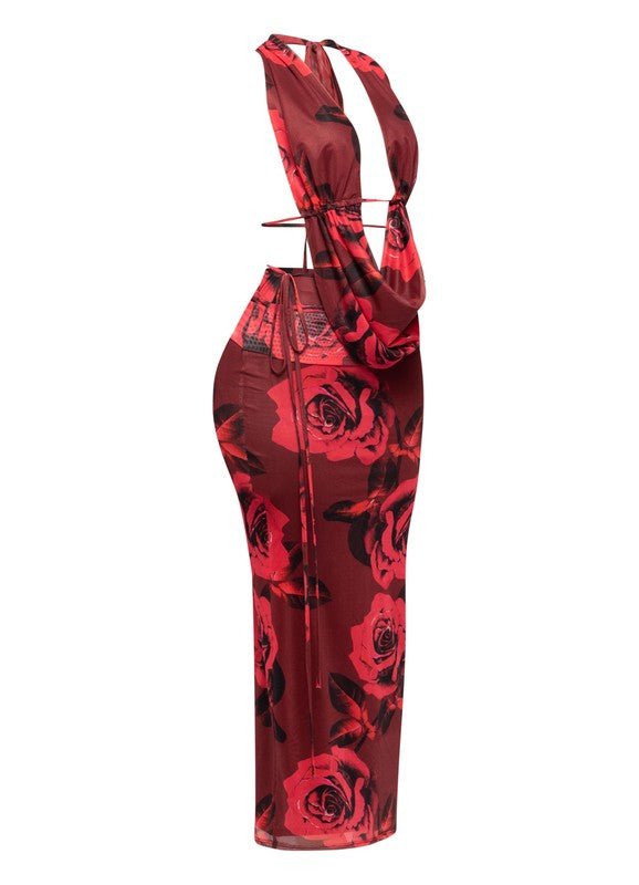 Elegant Red Maxi Skirt Cowl Neck Halter Set for Effortless Style & Flattering Fit - Blaire Shops