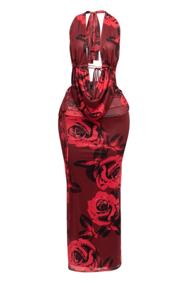 Elegant Red Maxi Skirt Cowl Neck Halter Set for Effortless Style & Flattering Fit - Blaire Shops