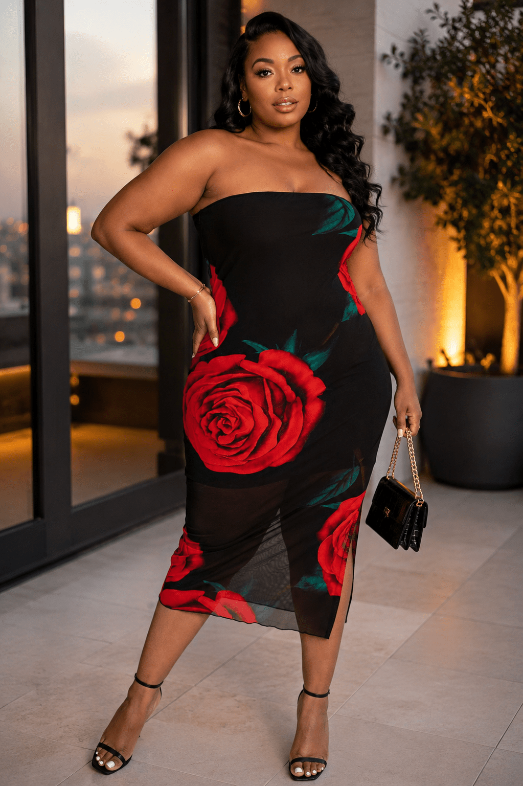 Emilia Plus Size Mesh Print Strapless Dress with Slit - 1X DRESS for women Vacation Outfits Birthday Dresses Going Out Looks
