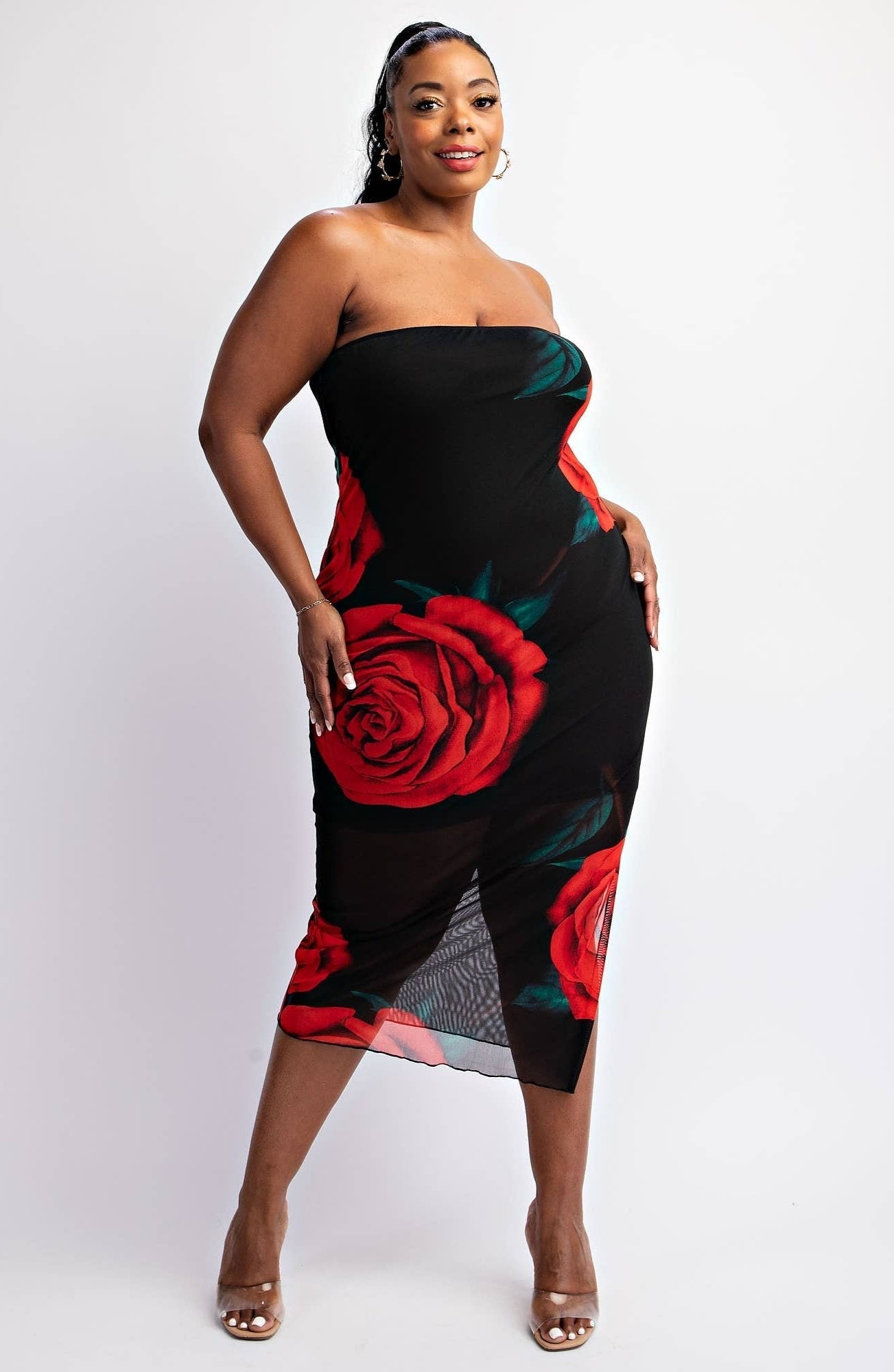 EMILIA PLUS SIZE MESH PRINT STRAPLESS DRESS WITH SLIT - Blaire Shops