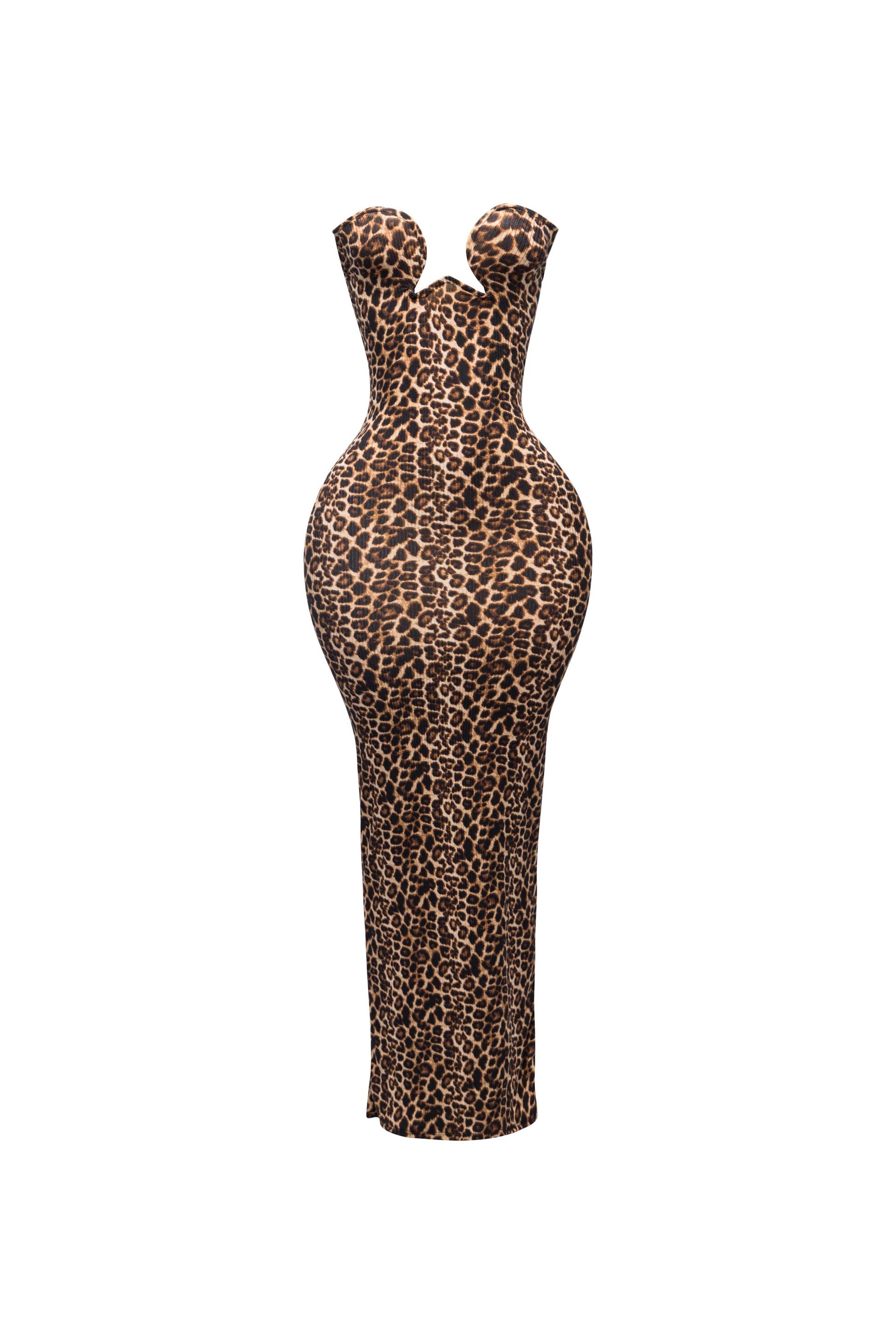 a brown and black animal print maxi dress on a white background