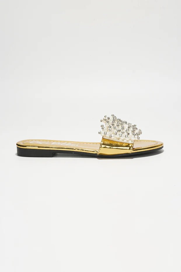 Fara Glamorous Pearl Embellished Round Toe Slip On Sandals - Gold - Gold sandals for women Vacation Outfits Birthday Dresses Going Out Looks