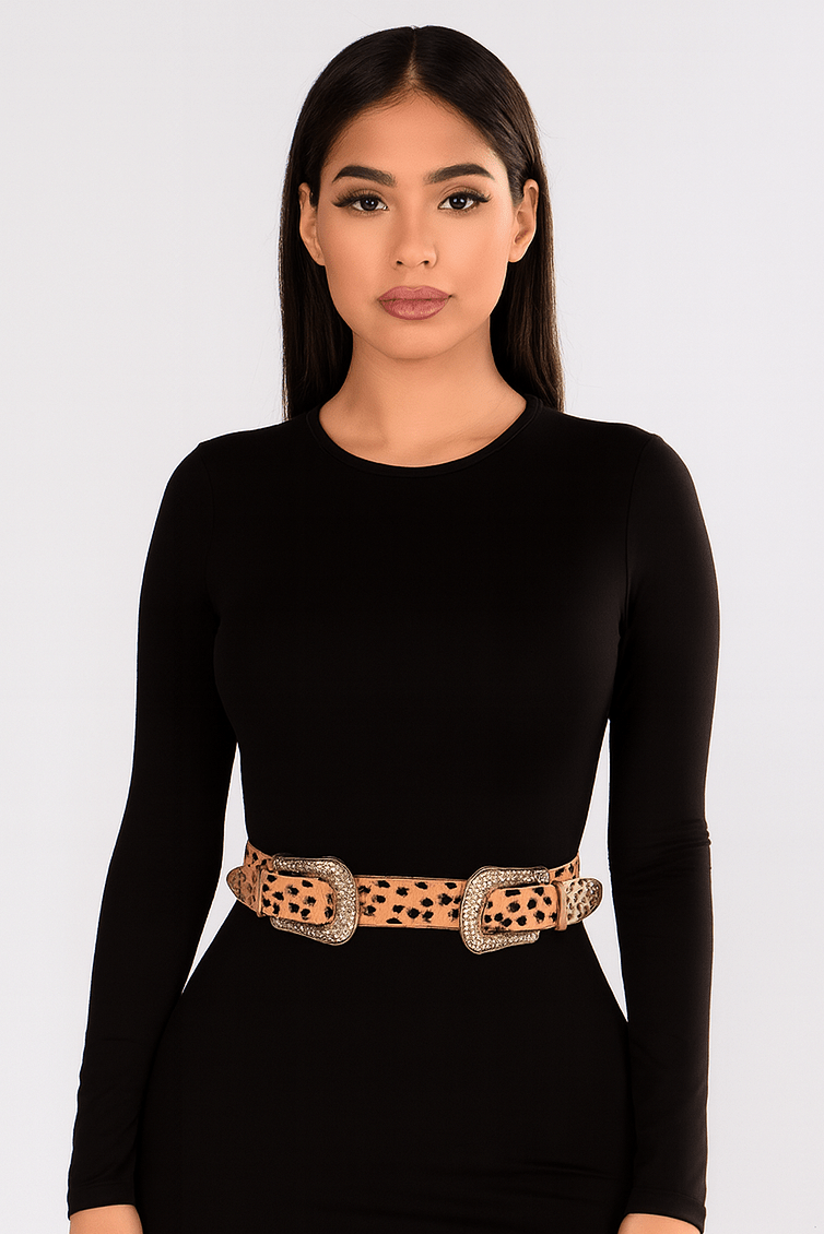 Faux Animal Skin Two Buckle Belt – Cheetah Print Western Statement Accessory - Cheetah Print for women Vacation Outfits Birthday Dresses Going Out Looks