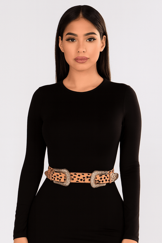 Faux Animal Skin Two Buckle Belt – Cheetah Print Western Statement Accessory - Blaire Shops