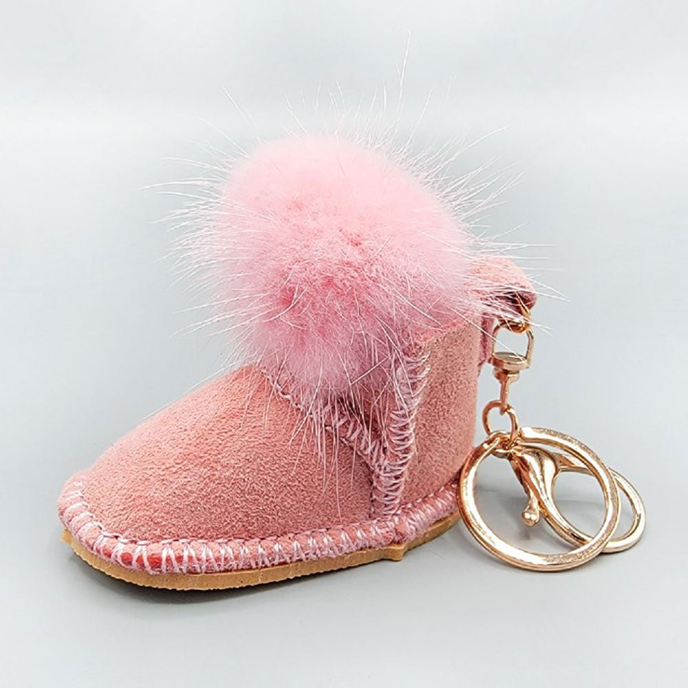 Faux Fur Pom Pom Boot Keychain - Pink keychain for women Vacation Outfits Birthday Dresses Going Out Looks