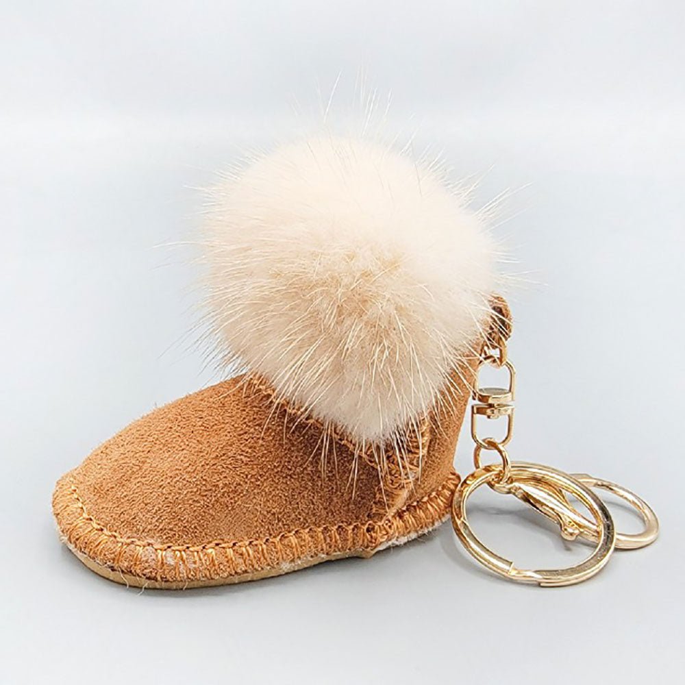 Faux Fur Pom Pom Boot Keychain - Tan keychain for women Vacation Outfits Birthday Dresses Going Out Looks