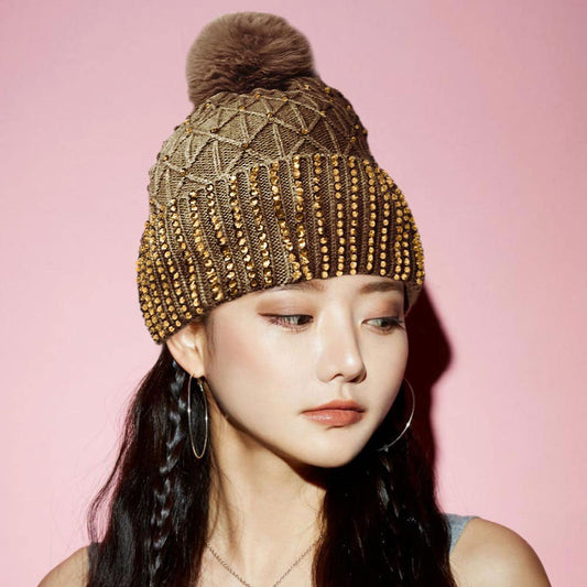Fleece - Lined Rhinestone Pom Pom Beanie - Blaire Shops
