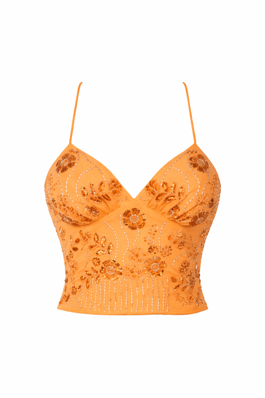 Floral Beaded Open Back Cami Top – Vintage Style Going Out & Festival Top - Orange top for women