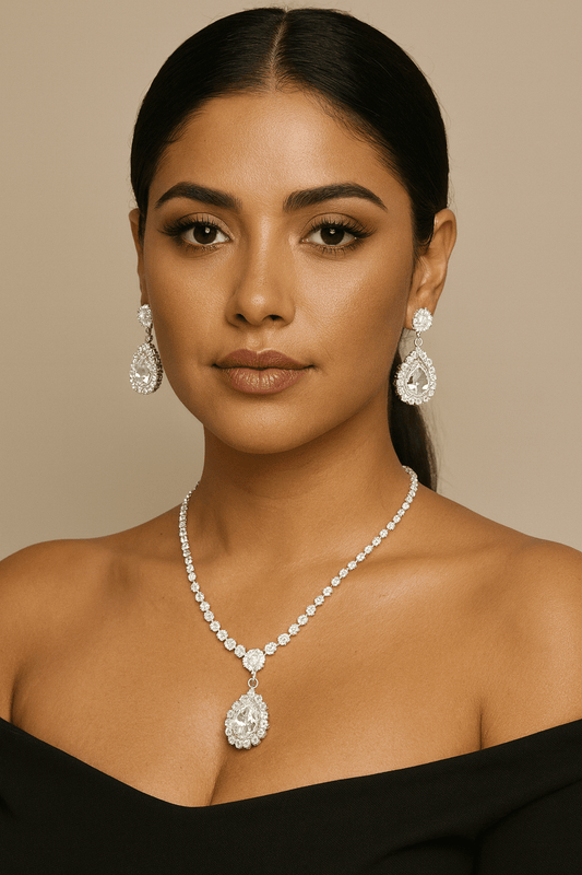 Formal Teardrop Stone Pointed Flower Rhinestone Paved Necklace and Earring Set - Blaire Shops