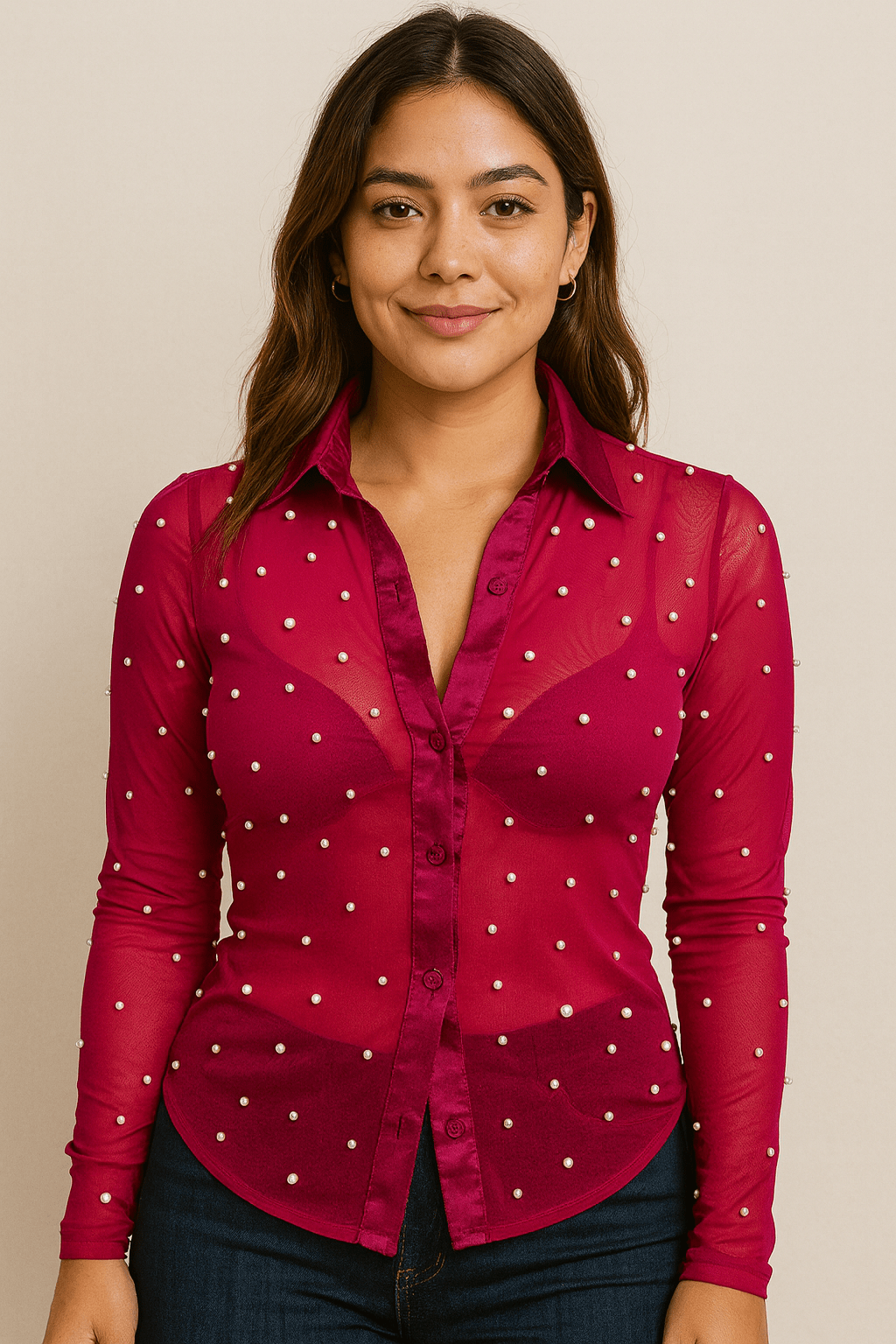Fuchsia Pearl Sheer Mesh Button - Up Blouse | Elegant Long Sleeve Top - Blaire Shops