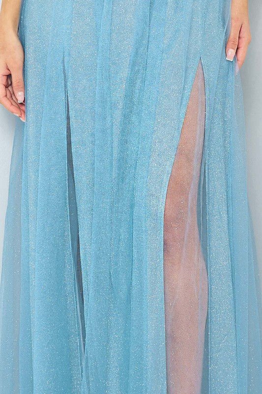 GABRIELLA GLITTER MESH PLEATED MAXI DRESS FORMAL DRESS - Blaire Shops