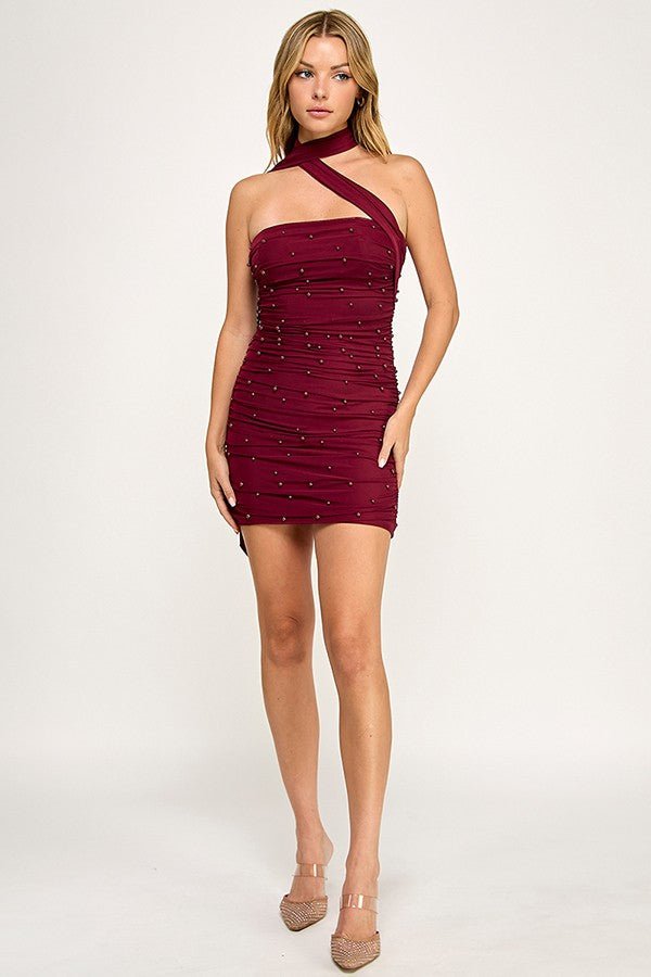 Garnet Pearl Allure Strapless Scarf Detail Mini Dress - Red dress for women Vacation Outfits Birthday Dresses Going Out Looks