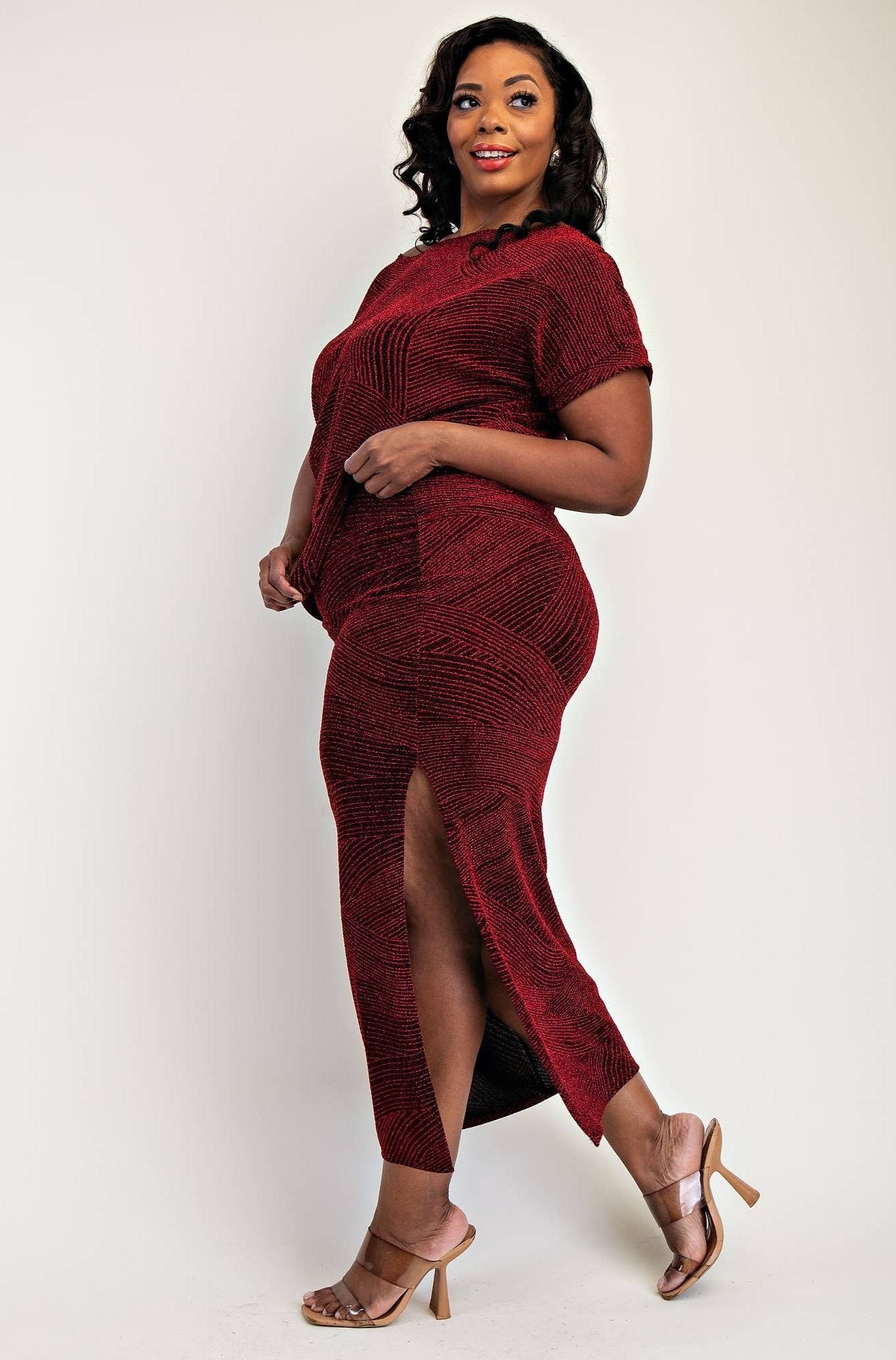 GIA PLUS SIZE LUREX KNIT SHORT SLEEVE TOP AND SKIRT SET - Blaire Shops