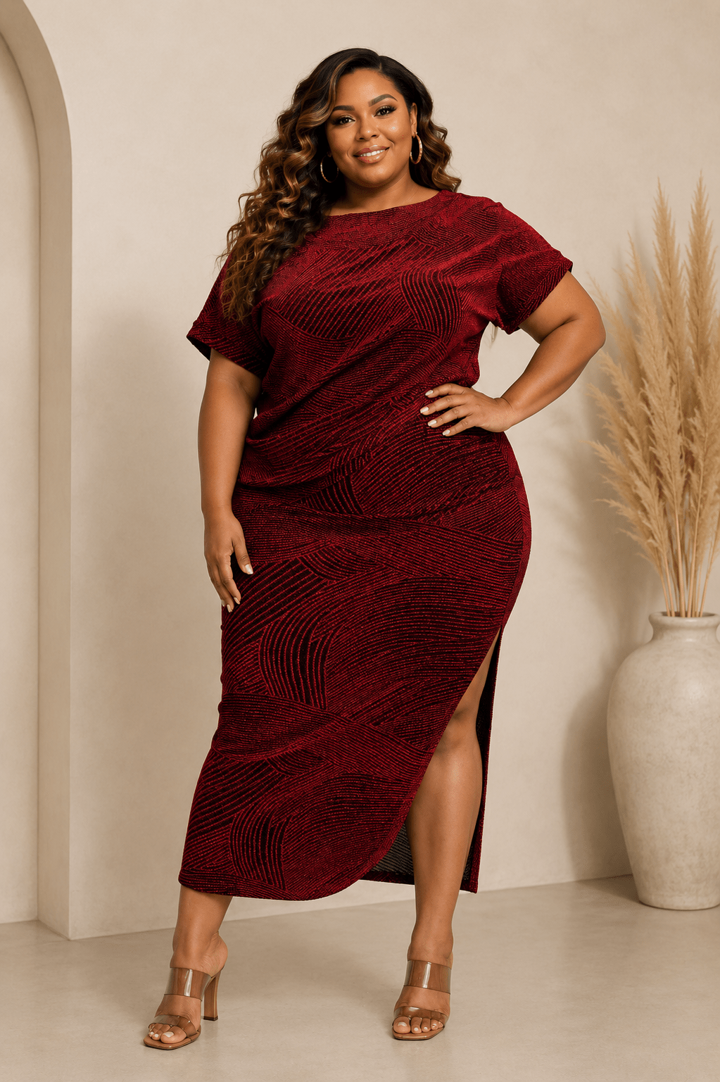 Gia Plus Size Shimmer Knit Top and Midi Skirt Set for Women - Red SKIRT SET for women Vacation Outfits Birthday Dresses Going Out Looks