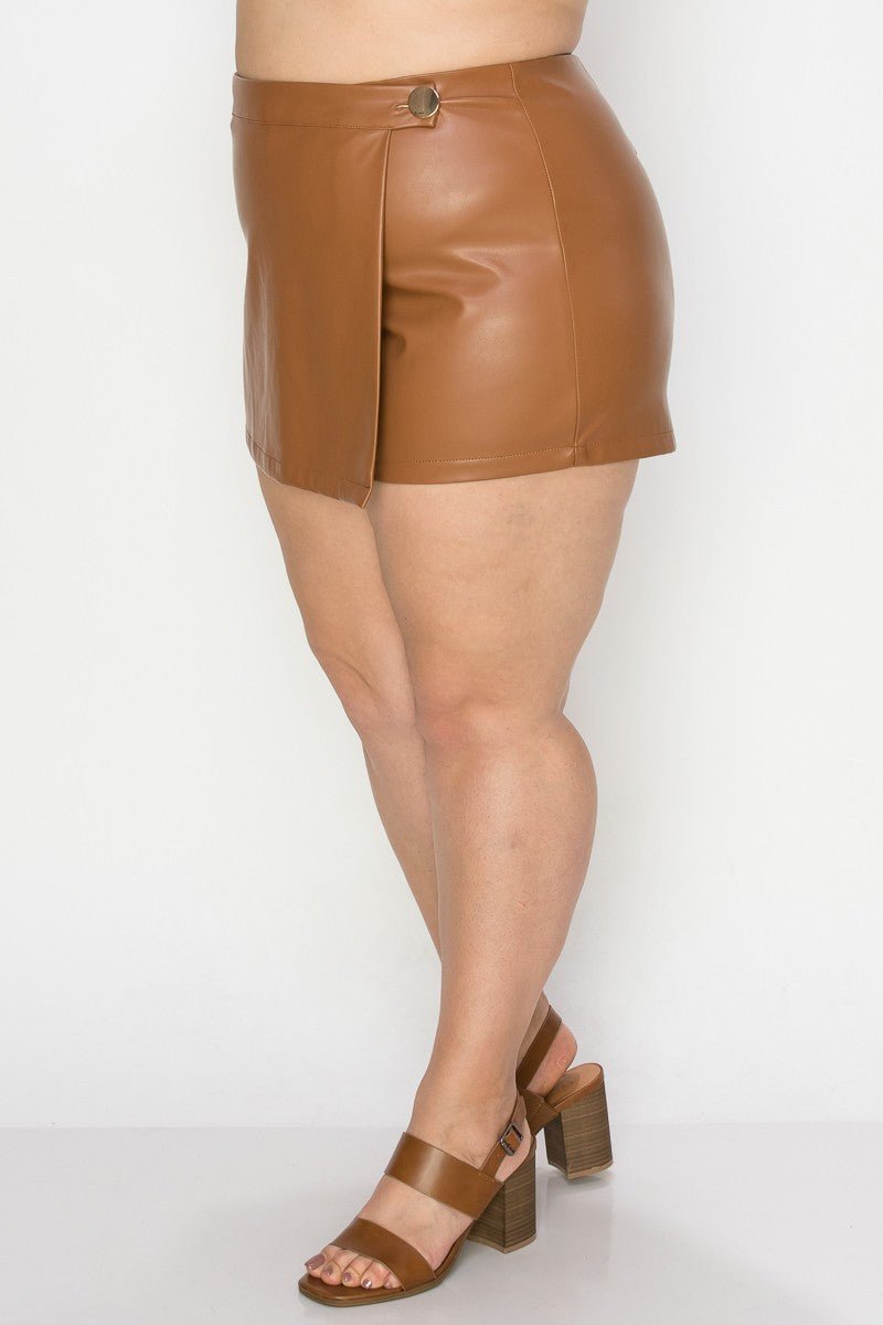 Gia Plus Size Wrap Mini Skort – Metal Button | Trendy High - Rise - Cognac SKIRT for women Vacation Outfits Birthday Dresses Going Out Looks