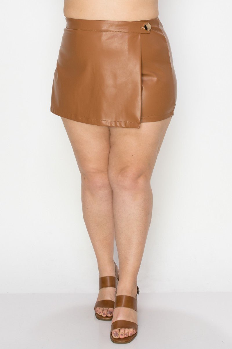 Gia Plus Size Wrap Mini Skort – Metal Button | Trendy High - Rise - Cognac SKIRT for women Vacation Outfits Birthday Dresses Going Out Looks