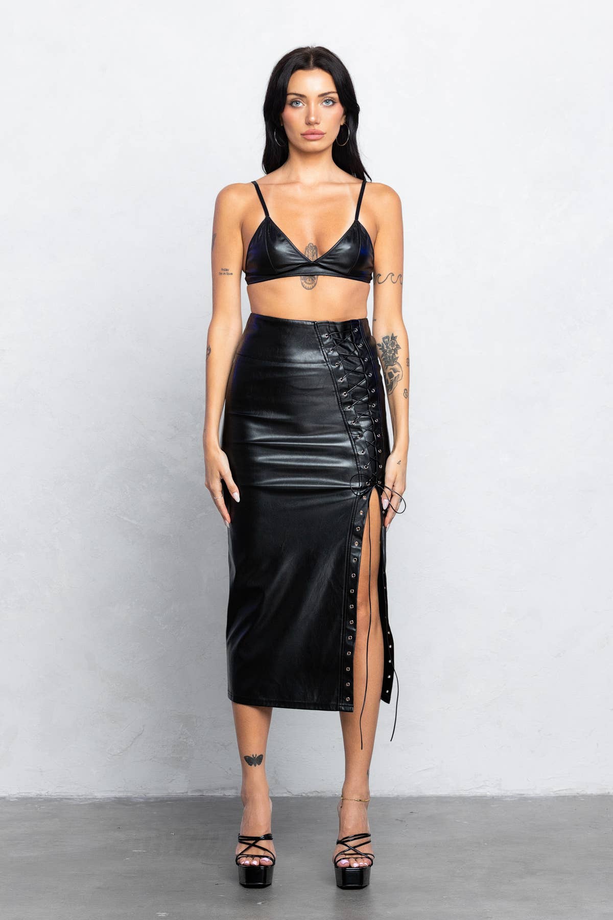 Gianna Lace Up Detail Faux Leather Midi Skirt With Side Slit - Blaire Shops