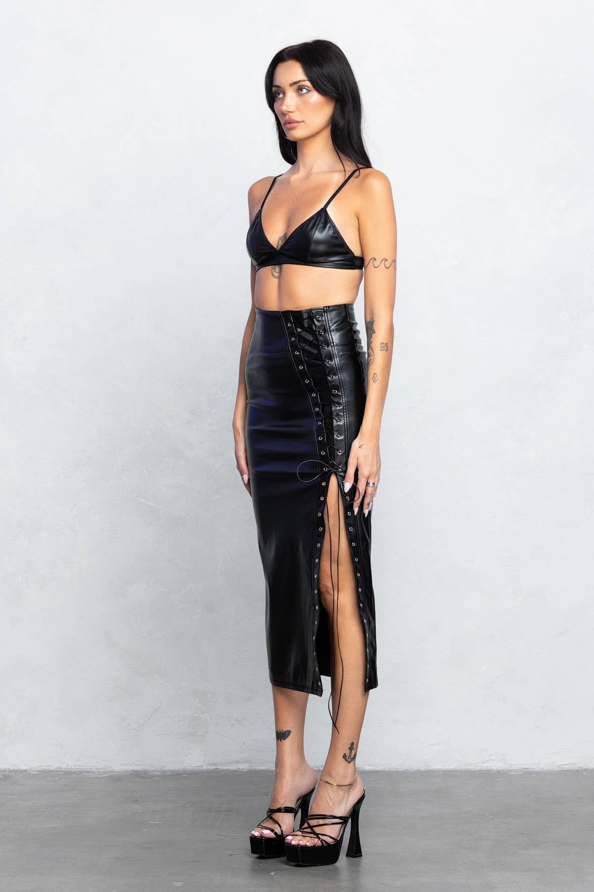 Gianna Lace Up Detail Faux Leather Midi Skirt With Side Slit - Blaire Shops