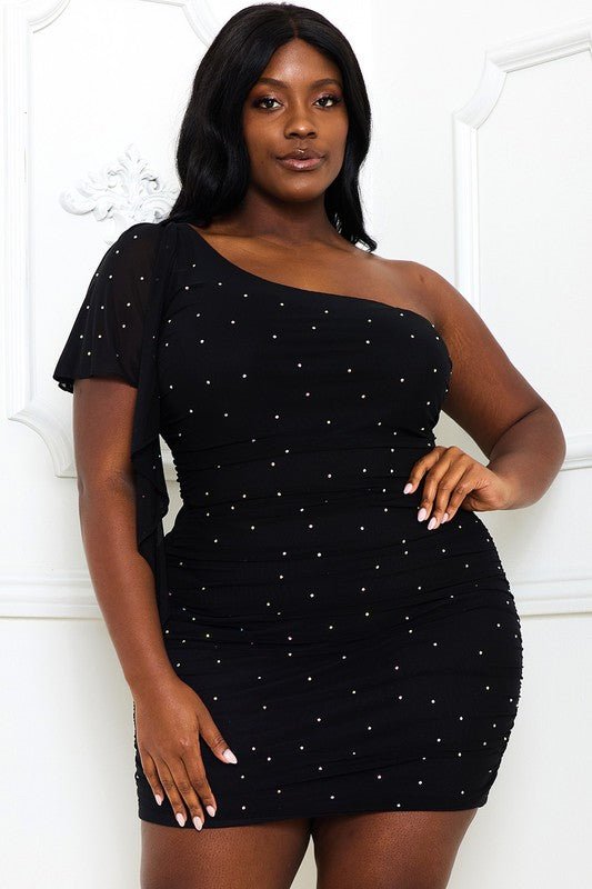 GINA CURVE RHINESTONE WITH MESH PLEATED PLUS SIZE MINI DRESS - Blaire Shops