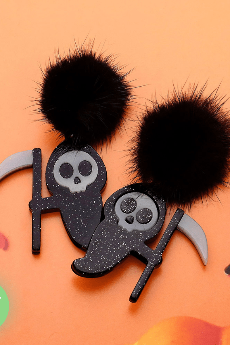 Glow - in - the - Dark Grim Reaper Pom Pom Dangle Earrings - Black EARRINGS for women Vacation Outfits Birthday Dresses Going Out Looks