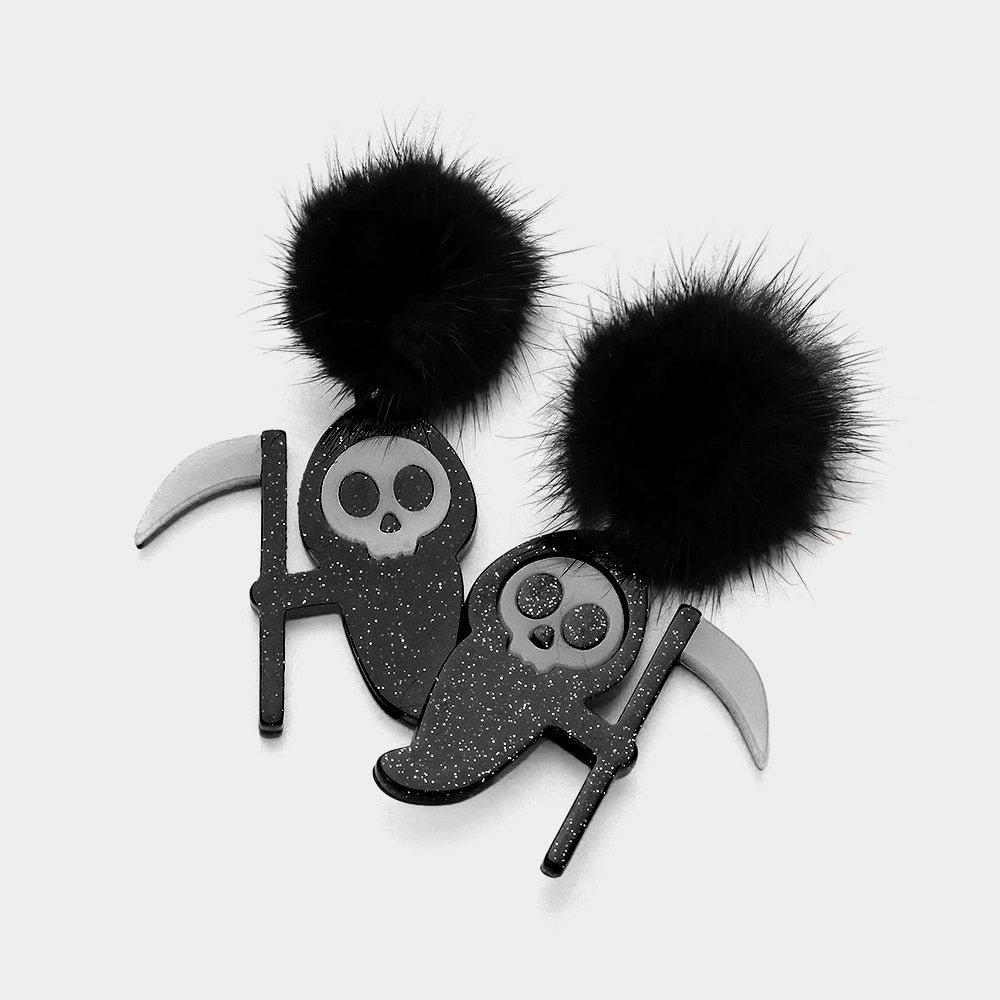 Glow - in - the - Dark Grim Reaper Pom Pom Dangle Earrings - Black EARRINGS for women Vacation Outfits Birthday Dresses Going Out Looks