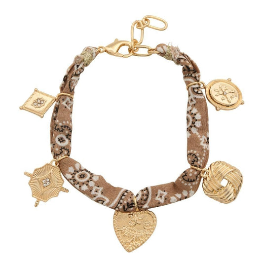 Gold Charms Fabric Bandana Bracelet – Boho Chic Gold Pendant Bracelet for Women - Brown bracelet for women Vacation Outfits Birthday Dresses Going Out Looks